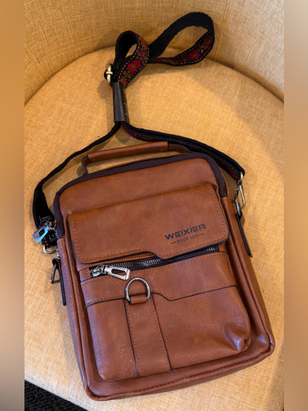 Weixier Brown Leather Crossbody Bag w/ new red strap
